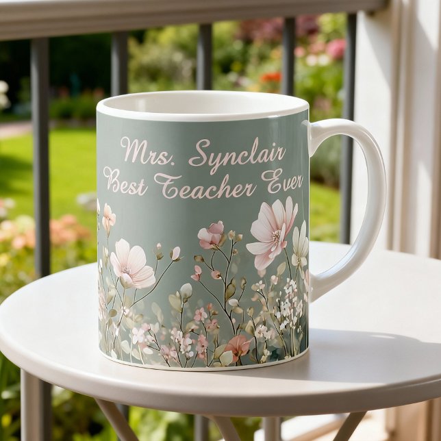 Sage Green Vår Blommig Lärarskap Elegant Skrift Kaffemugg (Skapare uppladdad)