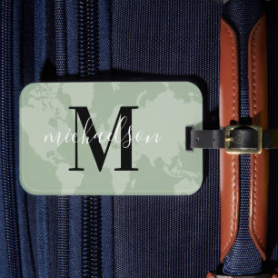 Sage Green Världskarta Skript Monogram Bagagebricka