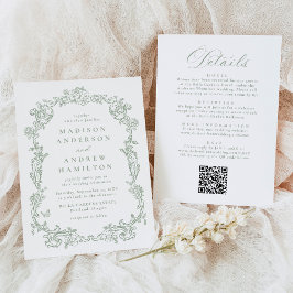 Sage Green Victorian Floral All in One Wedding Inbjudningar