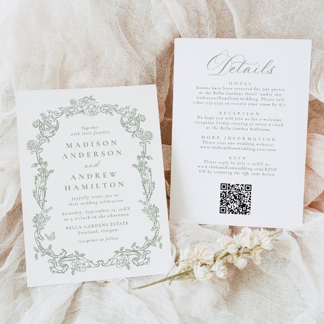 Sage Green Victorian Floral All in One Wedding Inbjudningar (Skapare uppladdad)