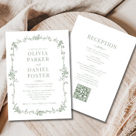 Sage Green Victorian QR Code All in One Wedding  Inbjudningar