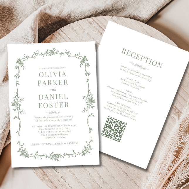 Sage Green Victorian QR Code All in One Wedding  Inbjudningar (Skapare uppladdad)
