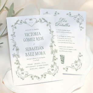 Sage Green Vintage Blommig Spansk Bröllopsinbjudan Inbjudningar