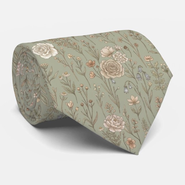 Sage Green  Vintage Botanisk Ängmönster Slips (Rullad)