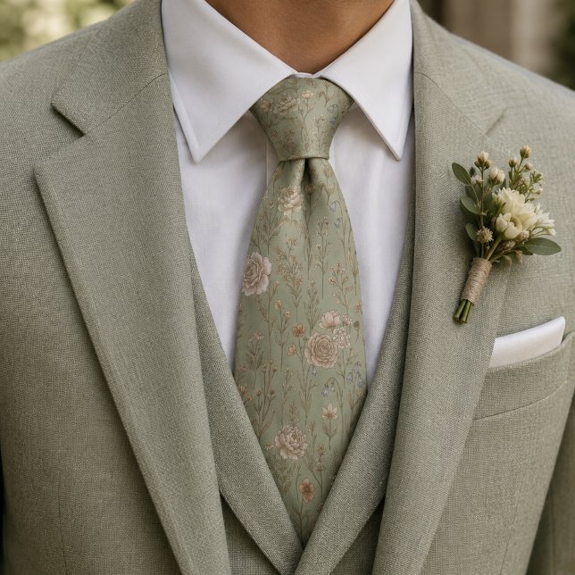 Sage Green  Vintage Botanisk Ängmönster Slips (Skapare uppladdad)