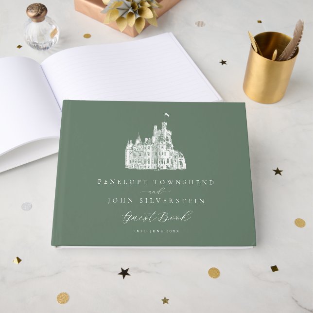Sage Green Vintage Castle Illustration Wedding Gästböcker (Framsida Öppen)