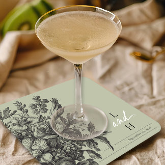 Sage Green Vintage Floral Monogram Wedding Underlägg Papper Kvadrat