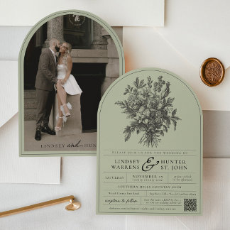 Sage Green Vintage Floral Photo Arch Wedding Inbjudningar