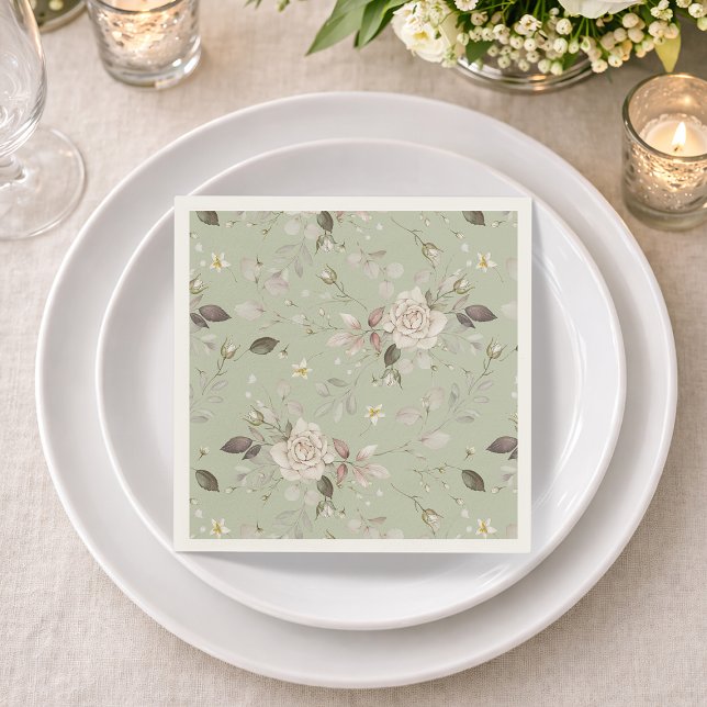 Sage Green Vintage Rose Floral Pappersservett (Skapare uppladdad)
