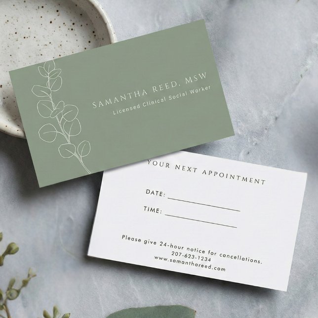 Sage Green Vit Eukalyptus Terapeutmöte  Visitkort (Sage Green White Botanical Modern Elegant Appointment Reminder Card)