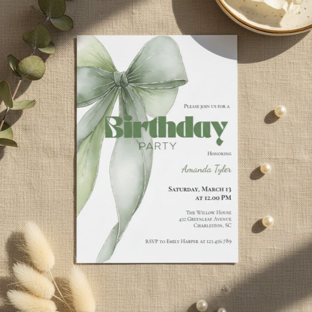 Sage Green Watercolor Bow Birthday  Inbjudningar (Sage green watercolor bow birthday invitation with elegant neutral design)