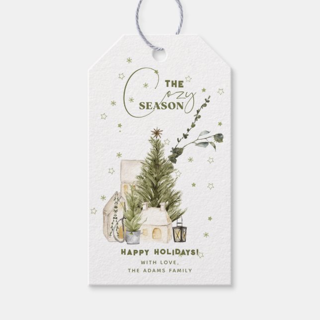 Sage Green Watercolor Cozy Winter Scene Holidays Presentetikett (Framsidan)