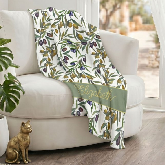 Sage Green Watercolor French Country Olive Pattern Fleecefilt (Skapare uppladdad)