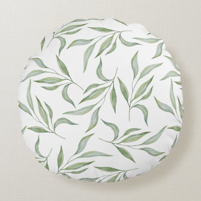 Sage Green Watercolor Leaves Botanical Pattern Rund Kudde (Framsidan)