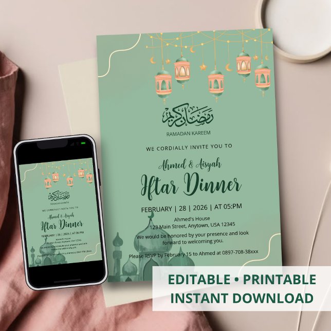 Sage Green Watercolor Mosque Iftar Dinner Inbjudningar (Skapare uppladdad)