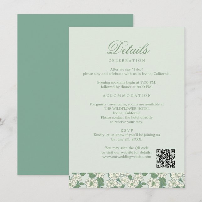 Sage Green Wedding Information Card Tilläggskort (Fram/baksida)