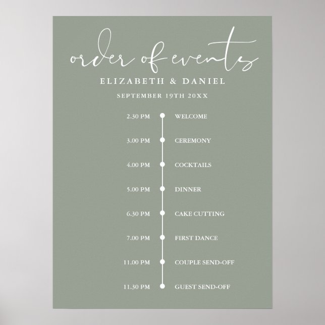 Sage Green Wedding Order Of Events Timeline Sign Poster (Framsidan)