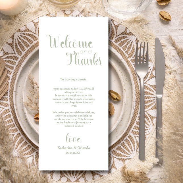 Sage Green Welcome & Thanks Place Setting Cards Program (Skapare uppladdad)