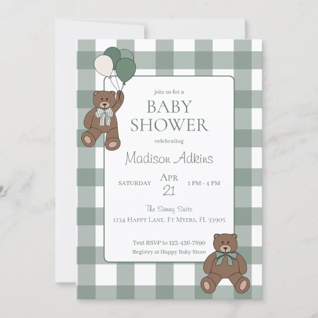 Sage Green White Bows and Teddy Bears Baby Shower Inbjudningar (Framsida)