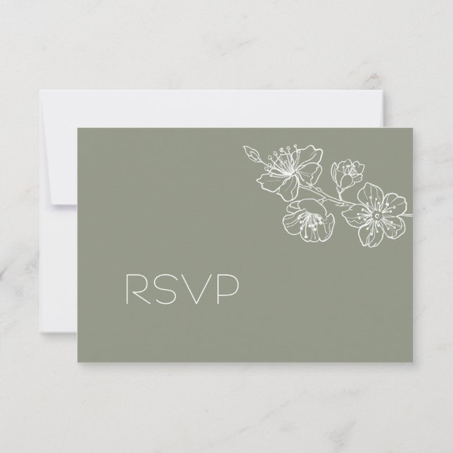 Sage Green White Floral Line Art RSVP OSA Kort (Baksida)