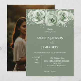 Sage Green White Floral Photo Back Wedding  Inbjudningar