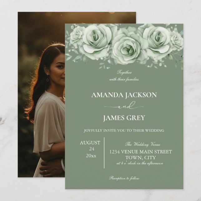 Sage Green White Floral Photo Back Wedding  Inbjudningar (Fram/baksida)