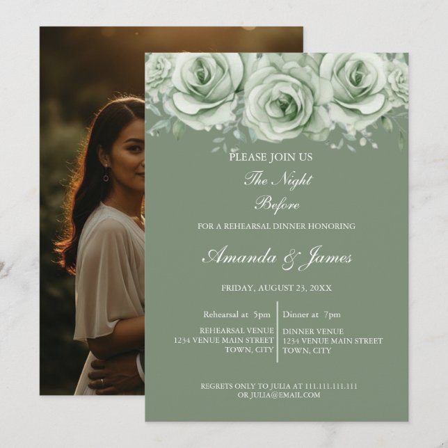 Sage Green White Floral Rehearsal Dinner Inbjudningar (Fram/baksida)