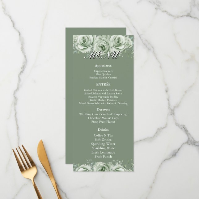 Sage Green White Floral Wedding Reception Menu  Meny (Fram/Back In Situ)