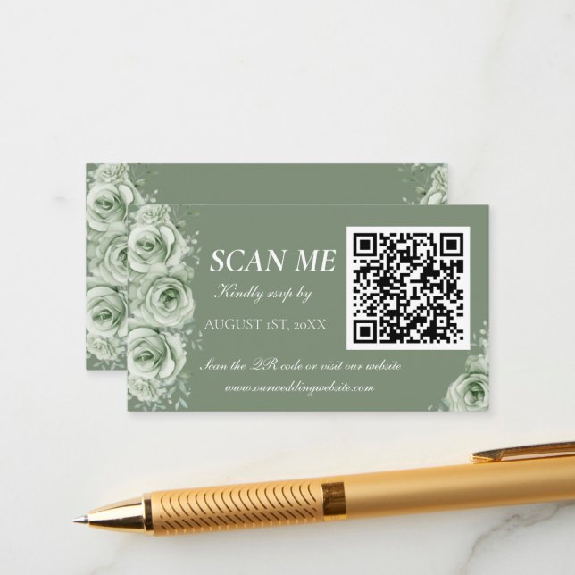 Sage Green White Floral Wedding RSVP EnclosureCard Tilläggskort (Fram/Back In Situ)
