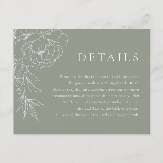 Sage Green White Line Art Floral Wedding Details Tilläggskort (Framsida)