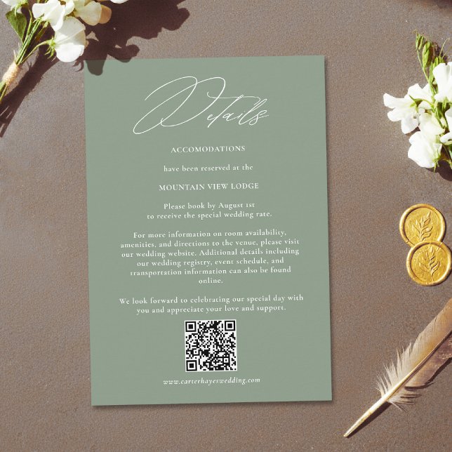 Sage Green White Modern QR Code Wedding Details Tilläggskort (sage green wedding details elegant modern calligraphy white simple contemporary stylish)