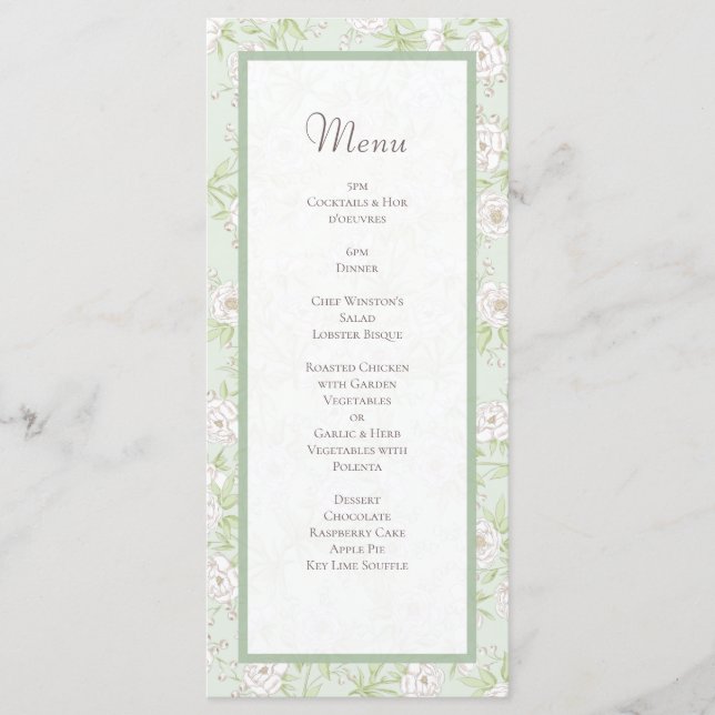 Sage Green White Rose Wedding Menus Meny (Framsida)