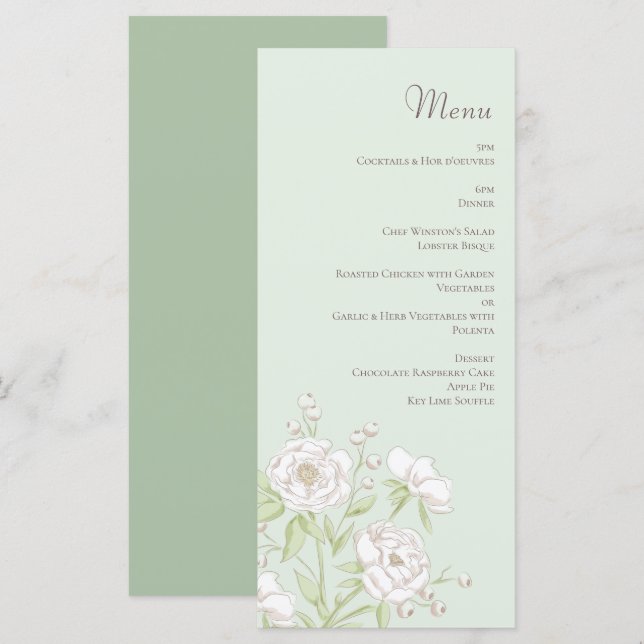 Sage Green White Rose Wedding Menus Meny (Fram/baksida)