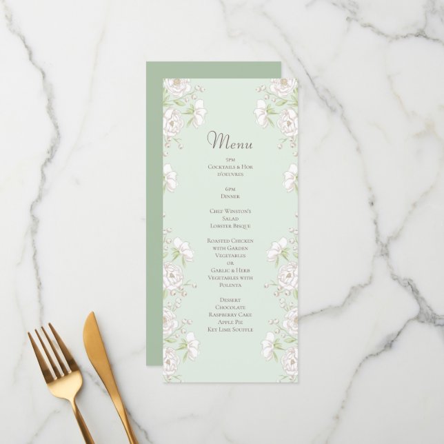 Sage Green White Rose Wedding Menus Meny (Fram/Back In Situ)