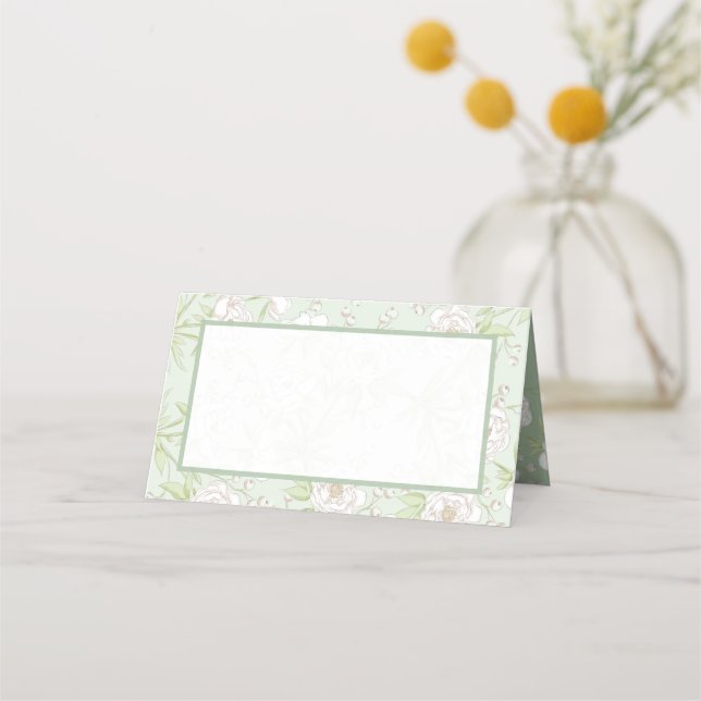Sage Green White Rose Wedding Placeringskort (Framsida)