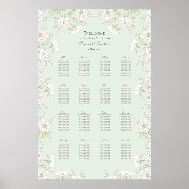 Sage Green White Rose Wedding Seating Chart Poster (Framsidan)