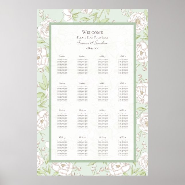 Sage Green White Rose Wedding Seating Chart Poster (Framsidan)