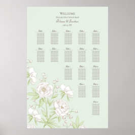 Sage Green White Rose Wedding Seating Chart Poster