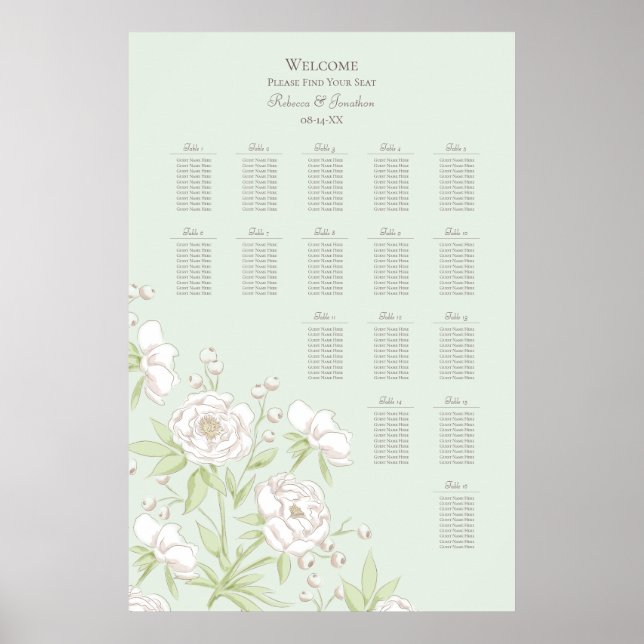 Sage Green White Rose Wedding Seating Chart Poster (Framsidan)