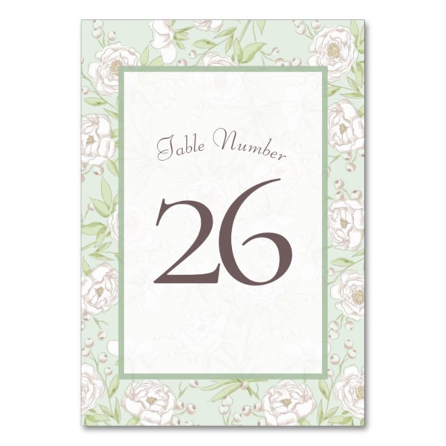 Sage Green White Rose Wedding Table Number Bordsnummer (Framsidan)