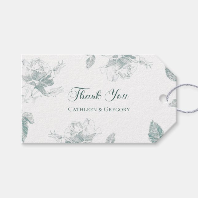Sage Green White Roses Floral Thank You Wedding Presentetikett (Framsidan (Horisontell))