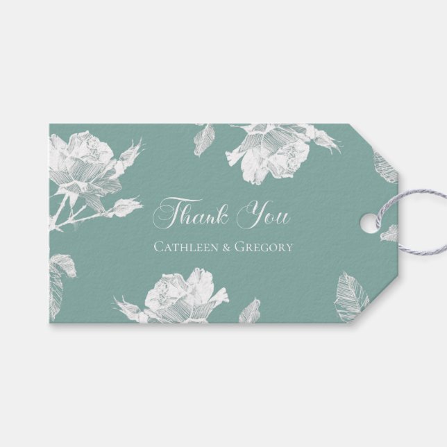 Sage Green White Roses Line Art Thank You Wedding Presentetikett (Framsidan (Horisontell))