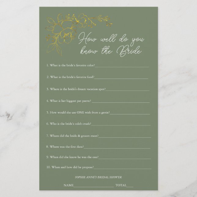 Sage Green Who Knows The Bride Shower Game (Framsida)