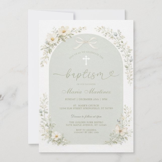 Sage Green Wildflower Arch Baptism Invitation Inbjudningar (Framsida)