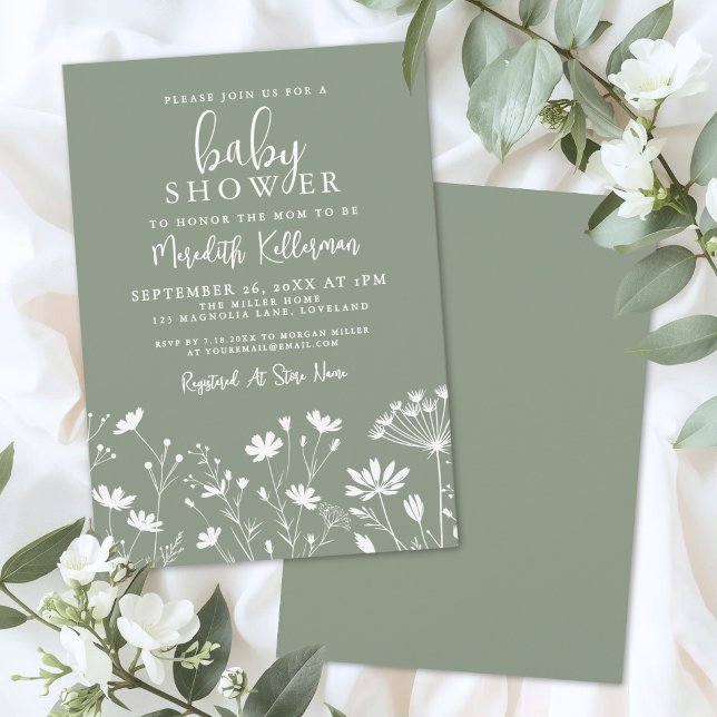 Sage Green Wildflower Baby Shower Inbjudningar (Sage Green Wildflower Baby Shower Invitation)