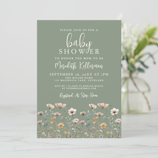 Sage Green Wildflower Baby Shower Inbjudningar (Stående Fram)
