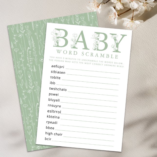 Sage Green Wildflower Baby Word Scramble Game Card Tilläggskort (Sage Green Baby Shower Game)