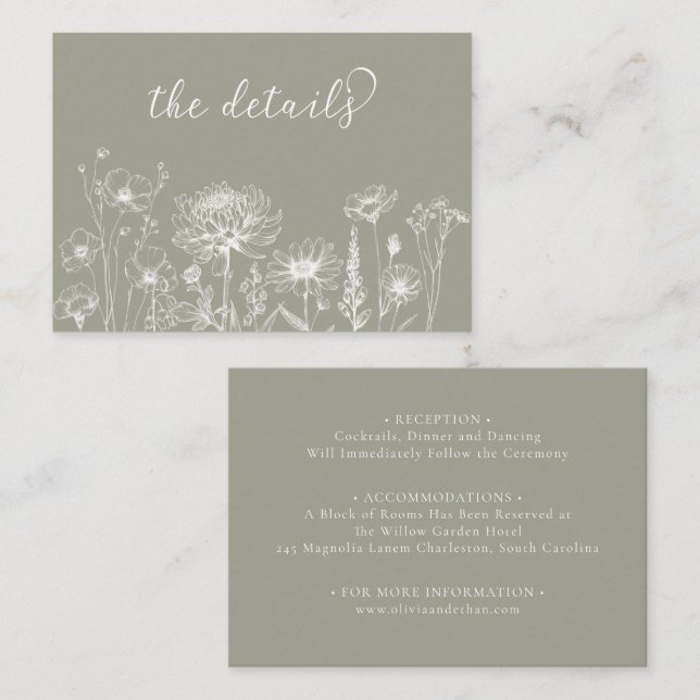 Sage Green Wildflower Details Card Wedding Insert Tilläggskort (Fram/baksida)