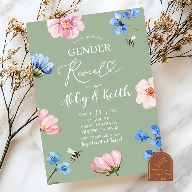Sage Green Wildflower Gender Reveal Invitation Inbjudningar (Skapare uppladdad)