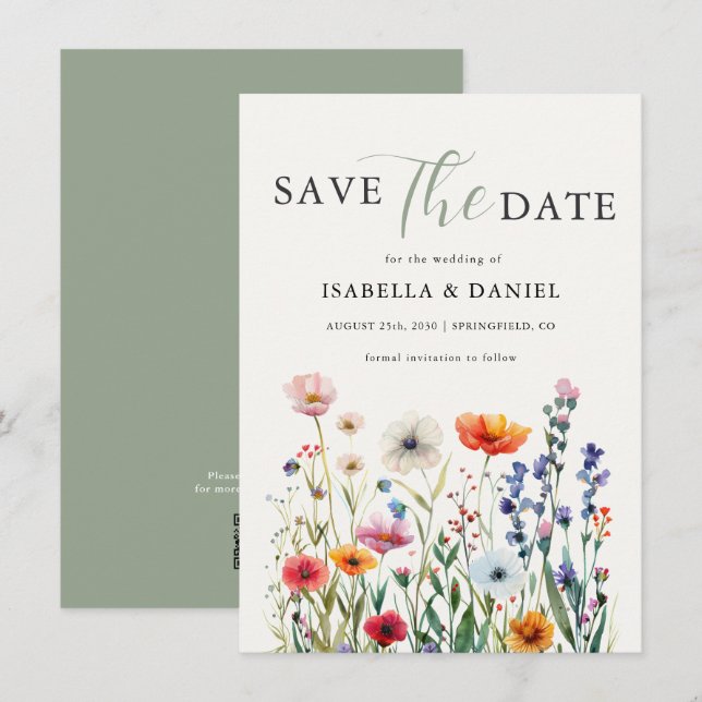 Sage Green Wildflower Wedding Spara Datumet (Fram/baksida)